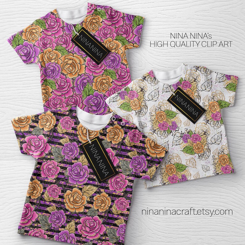 May include: Three white t-shirts with different rose patterns. The first shirt has a pink and orange rose pattern. The second shirt has a white and gold rose pattern. The third shirt has a purple and orange rose pattern with black stripes. Each shirt has a gold tag with the text "NINANINA" on it. The text "NINA NINA'S HIGH QUALITY CLIP ART" is at the top of the image. The text "nininanincraft.etsy.com" is at the bottom of the image.