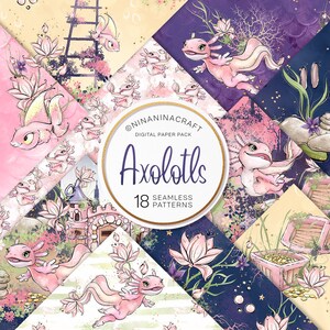 Simpatici documenti digitali Axolotls, modelli subacquei senza soluzione di continuità di NinaNinaCraft, disegni di tessuti personalizzati, pesci, castelli, città, fiori di loto