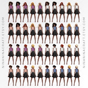 Pu&ograve; includere: Un set di 40 illustrazioni digitali di donne che indossano abiti diversi. Le donne hanno diversi stili di capelli, tonalit&agrave; della pelle e colori degli abiti. Gli abiti includono gonne, top e scarpe. Le illustrazioni sono in stile cartone animato.