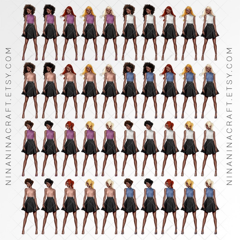 Pu&ograve; includere: Un set di 40 illustrazioni digitali di donne che indossano abiti diversi. Le donne hanno diversi stili di capelli, tonalit&agrave; della pelle e colori degli abiti. Gli abiti includono gonne, top e scarpe. Le illustrazioni sono in stile cartone animato.