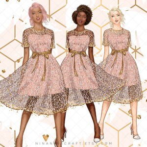 May include: Illustration of three women in pink dresses with gold lace overlay. The dresses have short sleeves, a gold belt, and a knee-length skirt. The background has a geometric pattern and the text "NINANACRAFT.ETSY.COM".