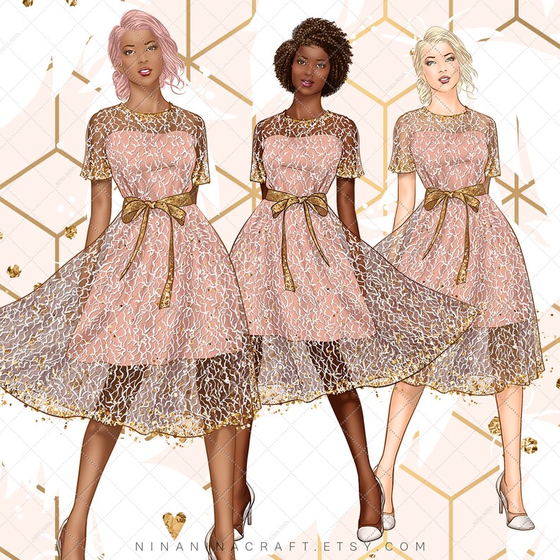 May include: Illustration of three women in pink dresses with gold lace overlay. The dresses have short sleeves, a gold belt, and a knee-length skirt. The background has a geometric pattern and the text "NINANACRAFT.ETSY.COM".