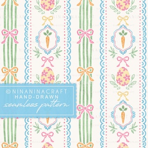 May include: A seamless pattern with Easter motifs. The design incorporates vertical stripes, bows, carrots, and decorated eggs in pastel shades. The text "NINANINACRAFT HAND-DRAWN seamless pattern" is displayed.