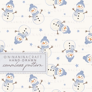 May include: A seamless pattern featuring cartoon snowmen wearing blue knit hats and scarves, accented with small blue stars on a light background. A rectangular label displays the text NINANINACRAFT HAND-DRAWN seamless pattern.