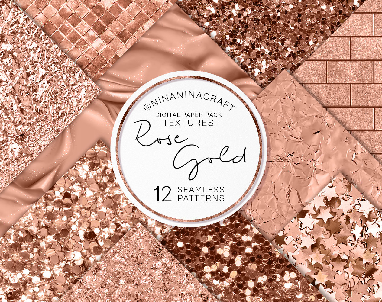 Rose Gold Textures Digital Papers, Seamless Patterns, Luxury Glitter Sequin Paper, Rose Gold Metallic Foil, Realistic Shimmer, Planner Paper