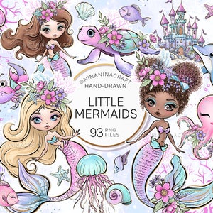 Clipart sirène par NinaNinaCraft, sirène mignonne PNG, autocollants de planificateur de paillettes, dauphin, château de tortue de mer, fournitures de tissu sous-marin PNG POD