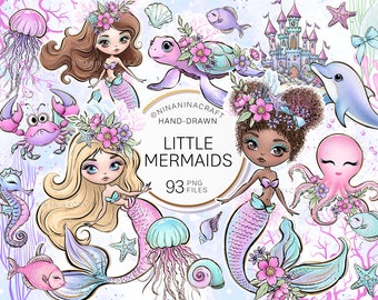 Mermaid Clipart by NinaNinaCraft, Cute Mermaid PNG, Glitter Planner Stickers, Dolphin, Sea Turtle Castle, Underwater Fabric PNG POD Supplies