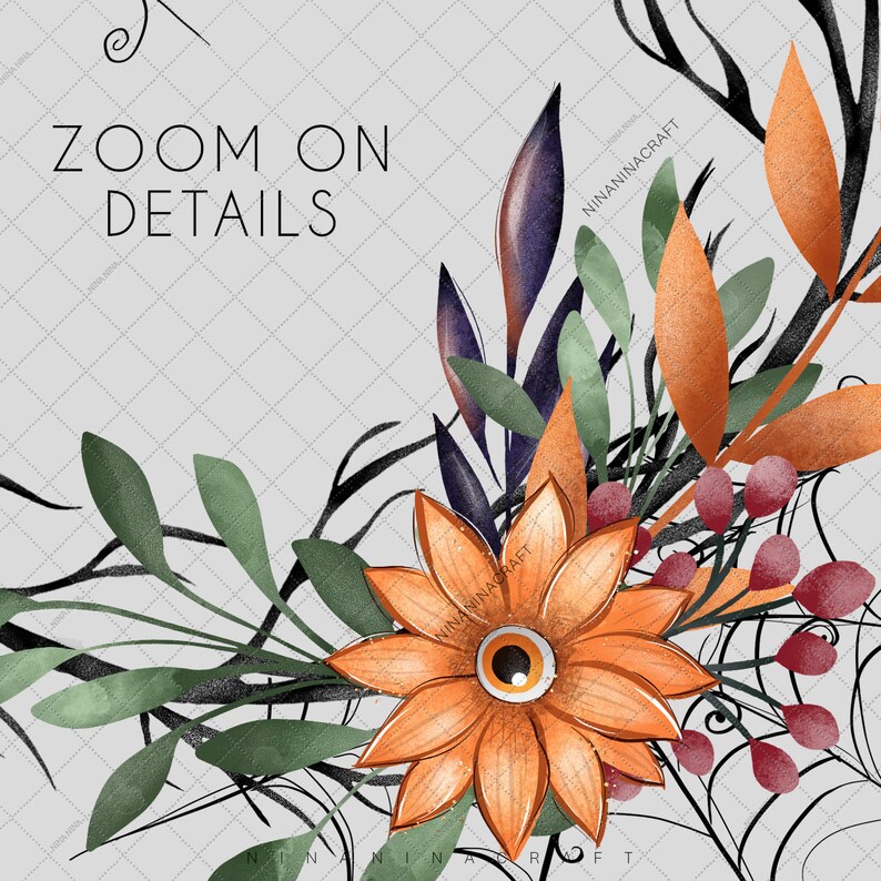 May include: A digital illustration of a floral arrangement with orange, green, and purple flowers. The flowers are arranged around a black branch with a spiderweb design. The text "ZOOM ON DETAILS" is at the top of the image.
