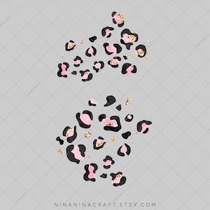 May include: Pink and black leopard print with gold glitter. The print is scattered in a random pattern.