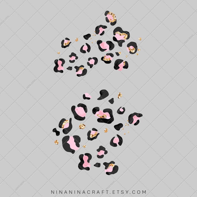May include: Pink and black leopard print with gold glitter. The print is scattered in a random pattern.