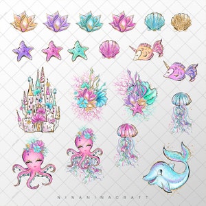 May include: A collection of watercolor illustrations featuring a mermaid theme. The image includes various sea creatures like starfish, jellyfish, and an octopus, along with a castle, lotus flowers, and seashells. The color palette includes pink, blue, and gold.