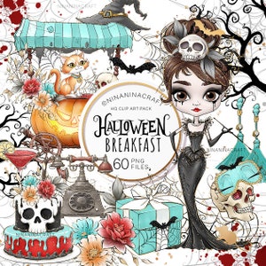 Handgetekende Halloween ontbijt clip art pack, gotische Audrey clipart PNG door NinaNinaCraft, schattige kat, schedel planner stickers, sublimatie