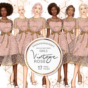 May include: Digital art featuring six illustrations of women in pink lace dresses with gold accents. Each figure is styled with different hairstyles and skin tones. The image includes a circular logo with the text "Vintage Rose" and "Girls HQ Clip Art Pack".