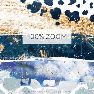 May include: Abstract digital paper with blue, white, and gold colors. The design features a galaxy-like pattern with stars and glitter. The text "100% ZOOM" is visible in the image.