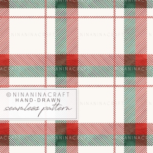 May include: A seamless plaid pattern in red and green stripes on a white backdrop. The text "NINANINACRAFT HAND-DRAWN seamless pattern" is displayed. This design is suitable for various craft projects. The pattern is a hand-drawn design.