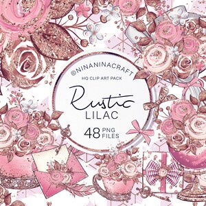 Clip art lila rústico, pegatinas del planificador de oro rosa, imágenes prediseñadas de rosas brillantes, flores frías, boda chic, ramo de flores, corona, latón, cobre