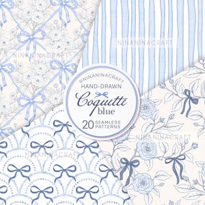 May include: A set of 20 digital seamless patterns featuring blue bows and white roses on a light beige background. The patterns are hand-drawn and perfect for crafting, scrapbooking, and digital design projects. The text "Coquette blue" is featured in the center of the image.