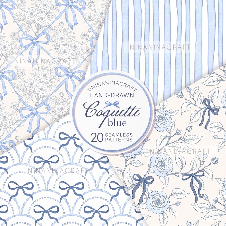 May include: A set of 20 digital seamless patterns featuring blue bows and white roses on a light beige background. The patterns are hand-drawn and perfect for crafting, scrapbooking, and digital design projects. The text "Coquette blue" is featured in the center of the image.