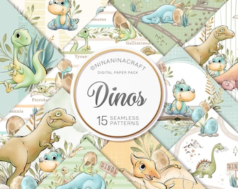 May include: A digital paper pack with 15 seamless patterns featuring cute cartoon dinosaurs in various colors and poses. The patterns are perfect for scrapbooking, card making, and other craft projects. The pack includes the text "Dinos" and "©NINANINACRAFT DIGITAL PAPER PACK".
