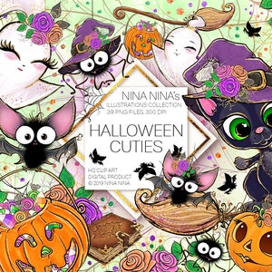 Cute Halloween Clipart Pack, Spooky Glitter Clip Art, Cute Bat, Candy, Spider, Ghosts, Pumpkins, Cobweb, Witch Hat, Broom, Planner Stickers