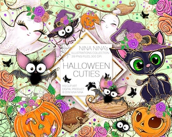 Cute Halloween Clipart Pack, Spooky Glitter Clip Art, Cute Bat, Candy, Spider, Ghosts, Pumpkins, Cobweb, Witch Hat, Broom, Planner Stickers