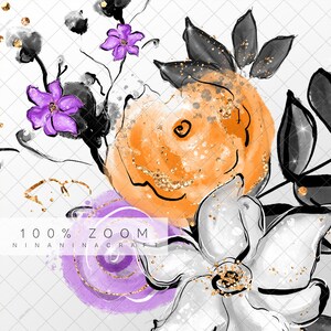 Halloween Flowers Clip Art Pack, Cute Planner Stickers, Skull, Bat Clipart, Web, Cobweb, Orange, Black, Purple PNG Pack image 6