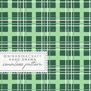 May include: A seamless pattern with a green and white plaid design. The pattern consists of a grid of dark green and white lines on a light green backdrop. The text "NINANINACRAFT HAND-DRAWN seamless pattern" is in a white box.
