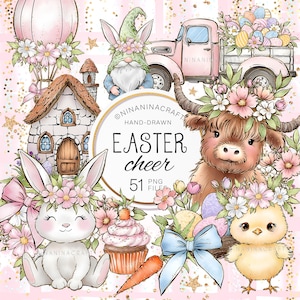 Handgezeichnete Ostern Clip Art, Highland Kuh, Hase, Bauernhof Clipart von NinaNinaCraft, Eier, LKW, Haus, Küken, Sublimations PNG Bündel