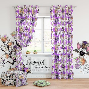 May include: Purple and white patterned curtains with a Halloween Wonderland Collection design featuring a cartoon character with a crown and a bat. The text "HALLOWEEN Wonderland COLLECTION" is printed on the bottom of the curtains.