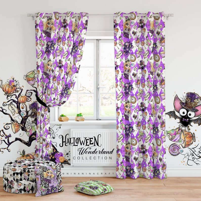 May include: Purple and white patterned curtains with a Halloween Wonderland Collection design featuring a cartoon character with a crown and a bat. The text "HALLOWEEN Wonderland COLLECTION" is printed on the bottom of the curtains.