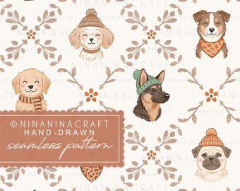 May include: A seamless pattern featuring illustrated dog heads wearing winter accessories like beanies and scarves, interspersed with brown floral motifs. A rectangular label reads: NINANINACRAFT HAND-DRAWN seamless pattern.