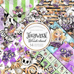 Pakiet papierów cyfrowych Halloween Wonderland, urocze wzory bezszwowe, wzory tkanin, kapelusz nietoperza, kot, gąsienica, czaszka, królik, brokat