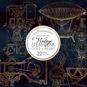 Puede incluir: Un conjunto de 22 ilustraciones de arte lineal steampunk vintage doradas. Las ilustraciones incluyen engranajes, mecanismos de relojería y una aeronave. Las ilustraciones son de color dorado sobre un fondo azul oscuro.