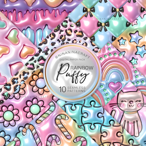 Rainbow 3D Inflated Puff Seamless Pattern Pack, Bubble Puffy Wrap Digital Papers by NinaNinaCraft, Drip, Hearts, Cat, Puzzle, Cheetah Print
