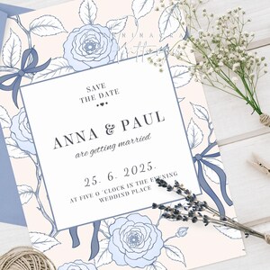 May include: Save the date wedding invitation with a floral design featuring blue roses and bows. The text reads "Save the Date... Anna & Paul are getting married 25.6.2025. At five o'clock in the evening Wedding Place"