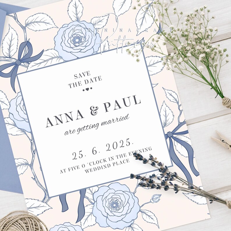 May include: Save the date wedding invitation with a floral design featuring blue roses and bows. The text reads "Save the Date... Anna & Paul are getting married 25.6.2025. At five o'clock in the evening Wedding Place"