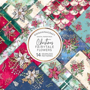 May include: A digital paper pack with 14 seamless patterns featuring Christmas fairytale flowers. The patterns include poinsettia flowers, snowflakes, and musical notes in shades of red, blue, green, and gold.