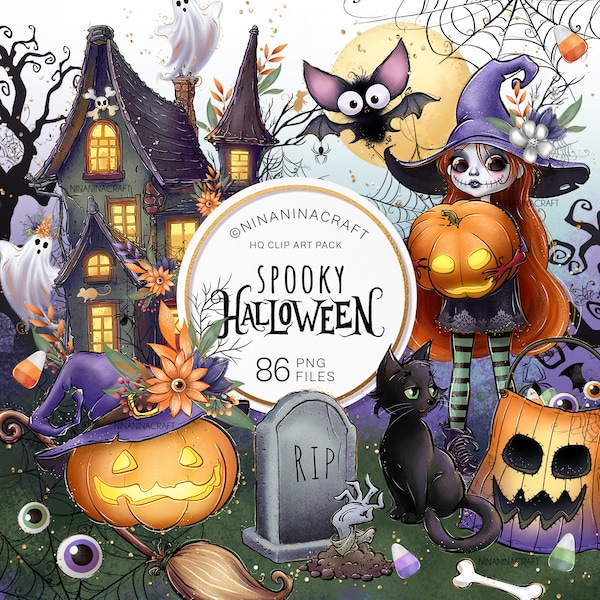 Cute Halloween Clip Art Pack, Spooky Clipart by NinaNinaCraft, Cute Bat, Witch, Black Cat, Haunted House, Ghost, Pumpkin Planner Stickers