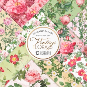 Vintage Flowers Seamless Patterns, Retro Floral Digital Papers by NinaNinaCraft, Classic Scrapbook Prints, Antique Fabric Designs, Rose