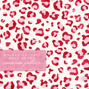 May include: A seamless pattern featuring red and light pink leopard spots on a cream background. The design includes the text "NINANINACRAFT HAND-DRAWN seamless pattern" in a pink rectangle.