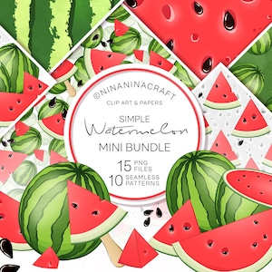 Red - Green Cute Watermelon Clip Art, Watermelon Digital Papers, Summer Fruit Seamless Patterns, Watermelon Slices Clipart, Instant Download
