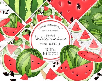 Vermelho - verde bonito clipart de melancia, papéis digitais de melancia, padrões sem emenda de frutas de verão, clipart de fatias de melancia, download instantâneo