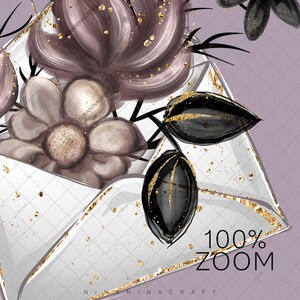 Peut inclure: Illustration artistique d'une enveloppe blanche avec des accents dor&eacute;s, contenant une grappe de fleurs beiges et mauves. Des feuilles noires avec des d&eacute;tails dor&eacute;s et le texte "100% ZOOM" sont &eacute;galement visibles.