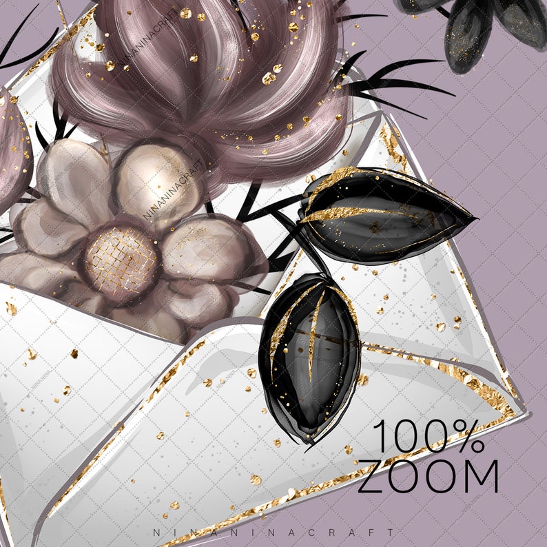 Peut inclure: Illustration artistique d'une enveloppe blanche avec des accents dor&eacute;s, contenant une grappe de fleurs beiges et mauves. Des feuilles noires avec des d&eacute;tails dor&eacute;s et le texte "100% ZOOM" sont &eacute;galement visibles.