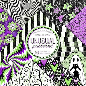Motifs inhabituels d'Halloween sans couture, papier numérique NinaNinaCraft, scarabée vert néon, tissu en damier ondulé, rayures groovy, tourbillons