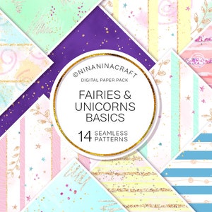 Peut inclure: Un pack de papier numérique avec 14 motifs sans couture représentant des fées et des licornes. Les motifs sont dans des couleurs pastel avec des accents de paillettes dorées. Le texte "@NINANINACRAFT DIGITAL PAPER PACK FAIRIES & UNICORNS BASICS 14 SEAMLESS PATTERNS" est dans un cercle doré.