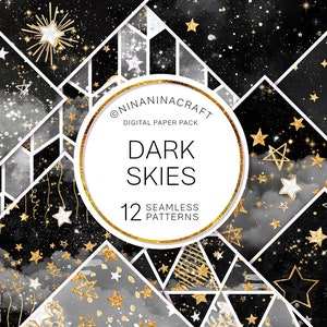 Sterren digitale papieren, gouden glitter naadloos patroon, zwart-witte nachtelijke hemel overlay, aquarel Galaxy, ruimtestof, plakboek, glitters