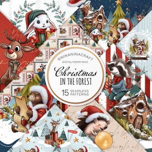 Modèles mignons sans couture de Noël, papiers numériques d’animaux des bois par NinaNinaCraft, dessins de tissus, hérisson, ours du Père Noël, raton laveur mignon