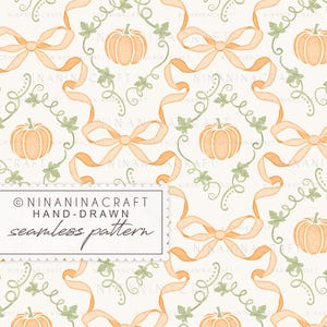 May include: A seamless pattern featuring watercolor-style orange pumpkins, light green leafy vines, and flowing peach-colored ribbons on a cream background. A white rectangular label displays the text NINANINACRAFT HAND-DRAWN seamless pattern.