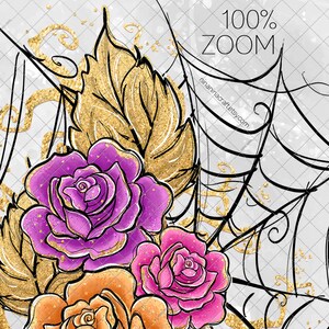 May include: A digital illustration of a bouquet of roses with gold glitter accents. The roses are pink, purple, and orange. The background is a gray and white pattern with a black spiderweb.